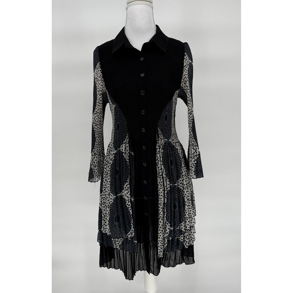 Lindi Accordion-Pleat‎ Button Front Dress XS Black Blue White Bubble Sleeve